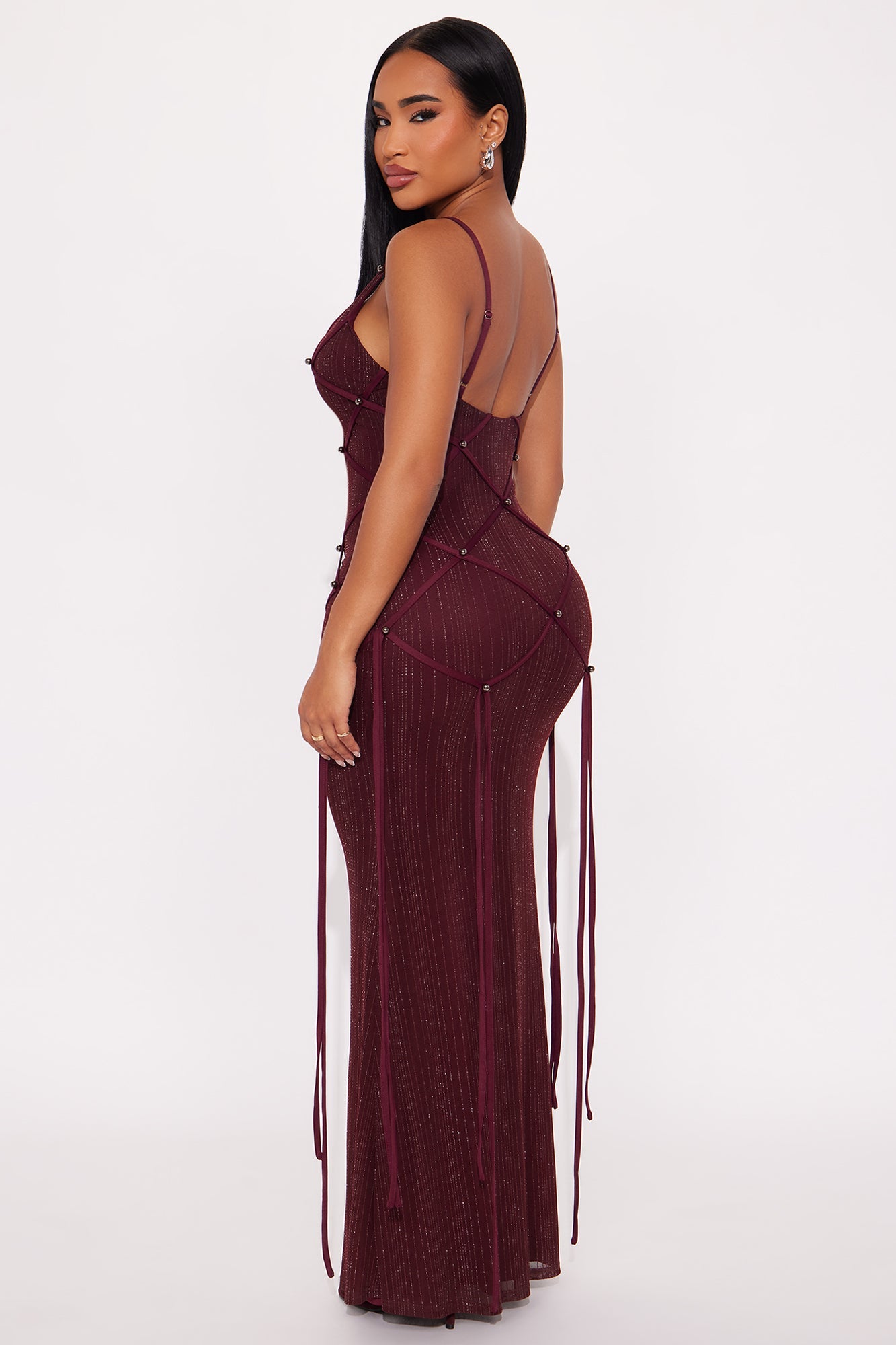 Brianne Glitter Mesh Stappy Maxi Dress - Burgundy