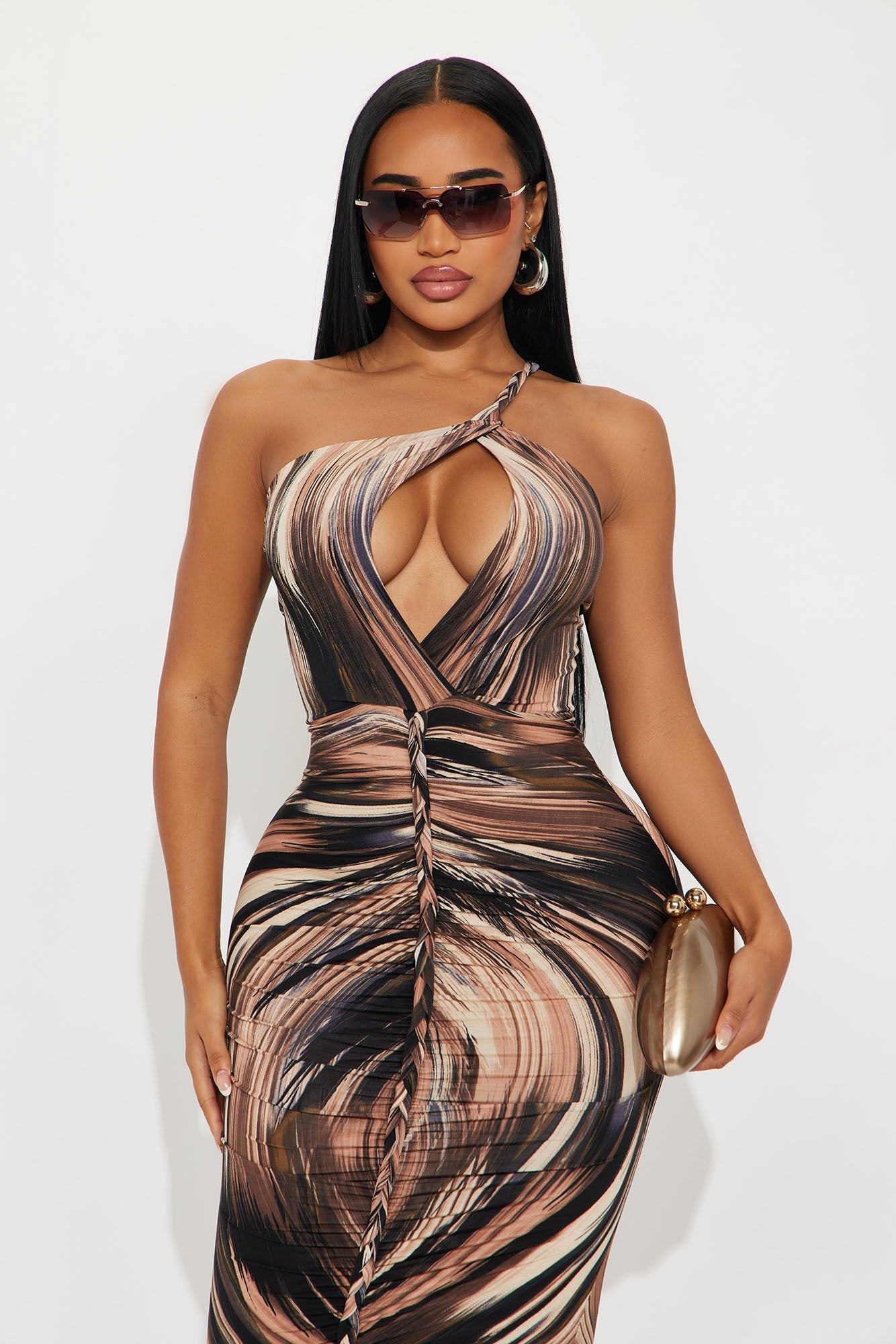 Leora One Shoulder Printed Midi Dress - Brown/combo