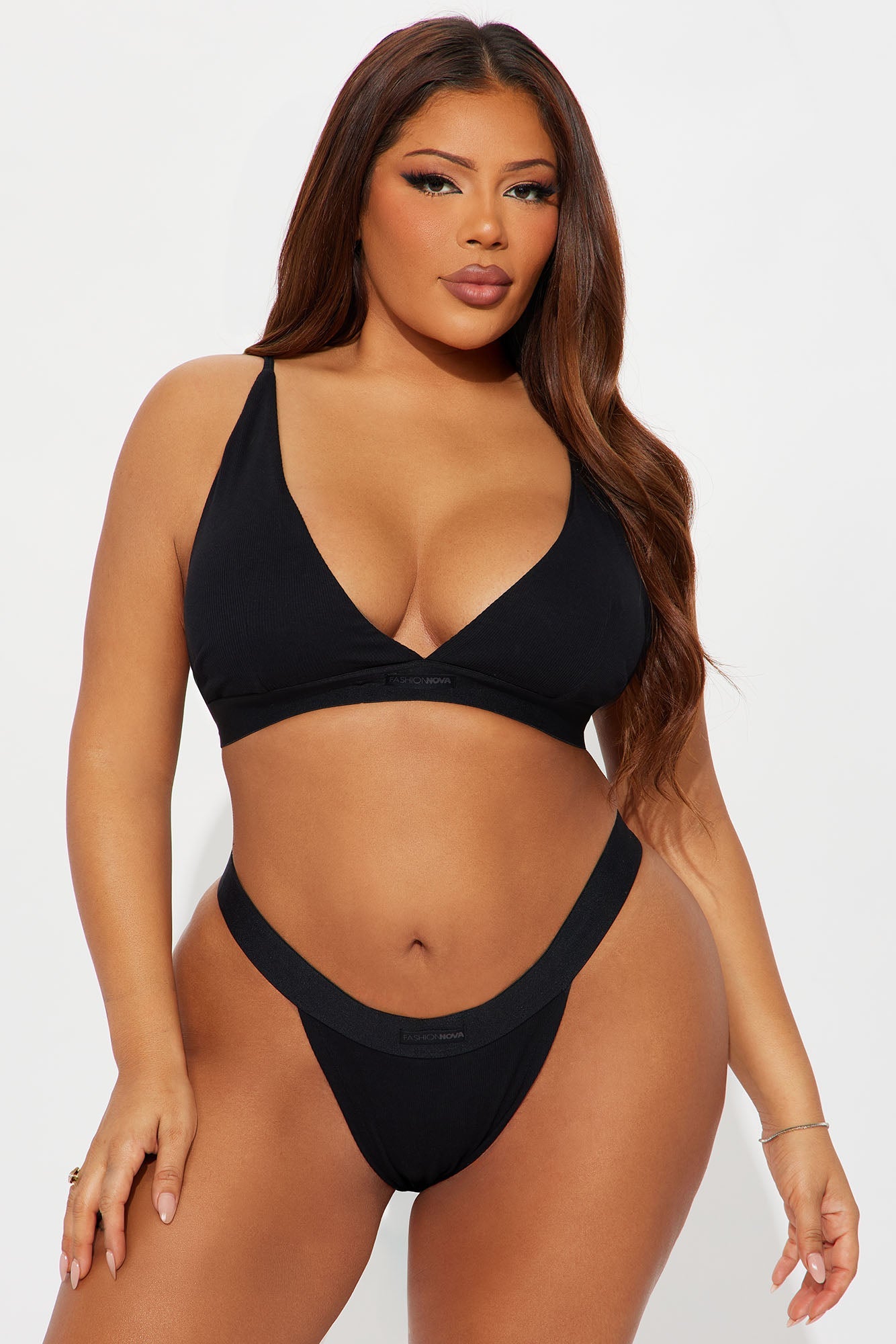 FN Mood Plunge Bra And Thong 2 Piece Cotton Ribbed Set - Black