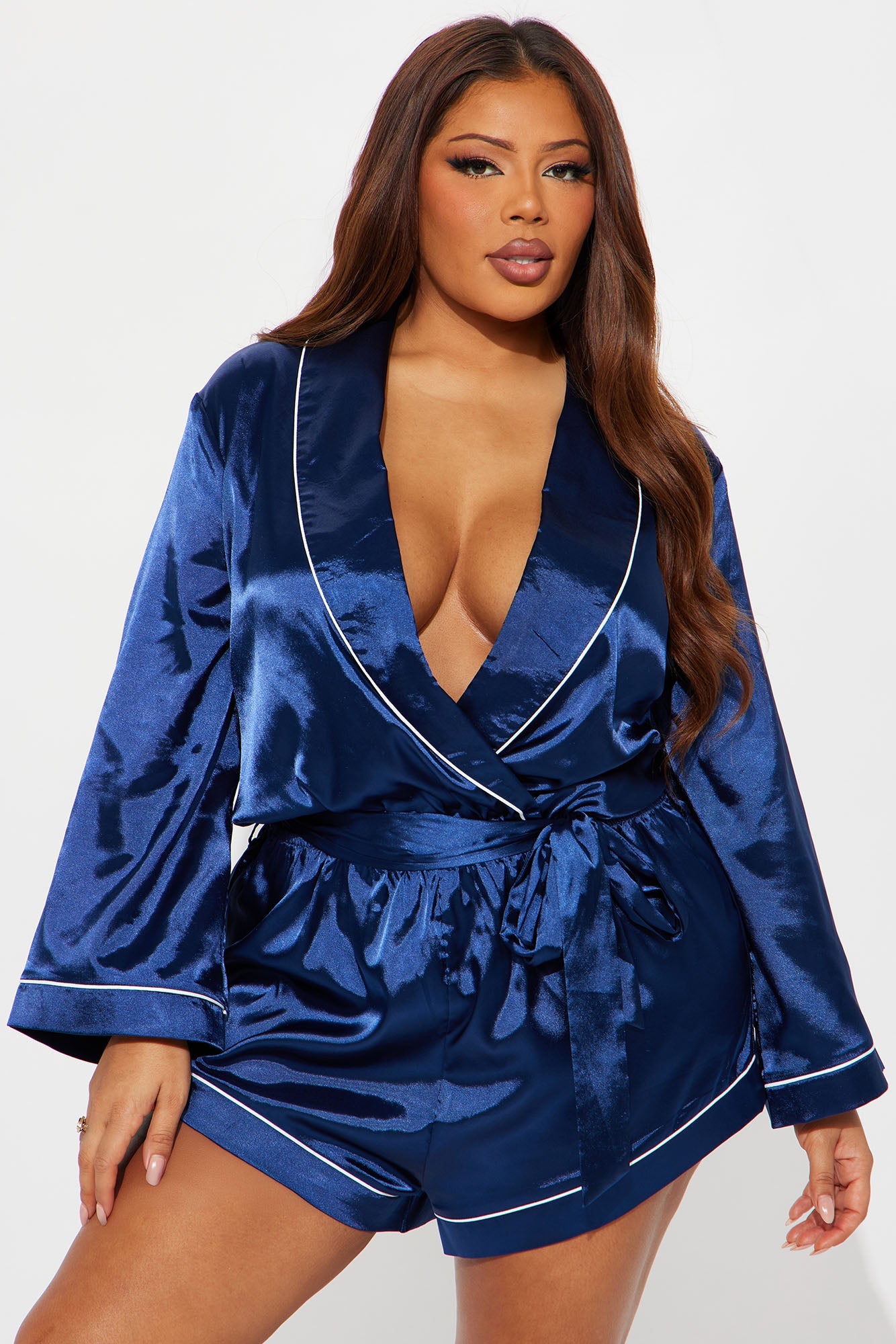 Sunday Morning Satin Sleep Romper - Navy