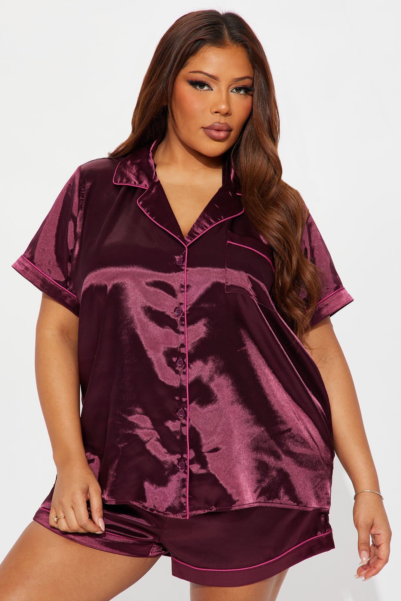 Bedtime Stretch Satin Short Sleeve PJ Short Set - Wine