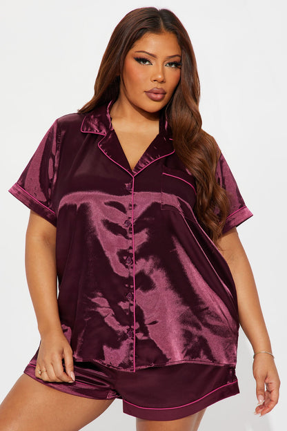 Bedtime Stretch Satin Short Sleeve PJ Short Set - Wine