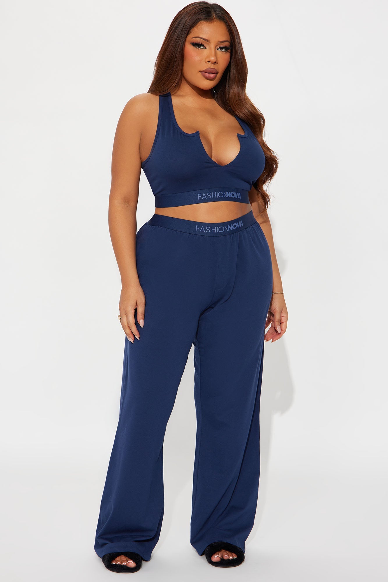 FN Mood Racerback Bralette PJ Boxer Pant Set - Navy
