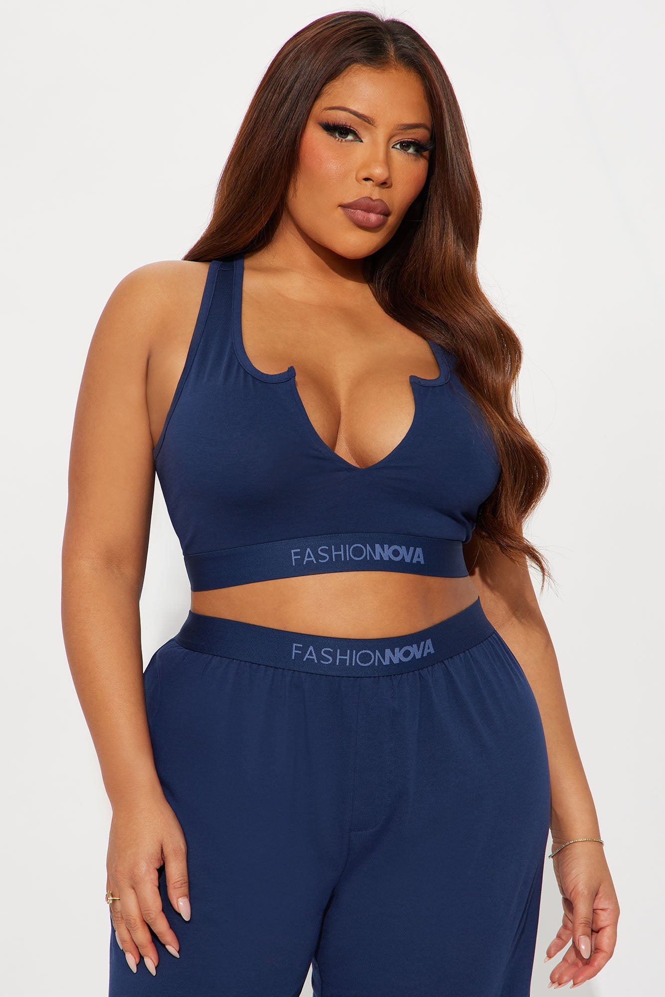 FN Mood Racerback Bralette PJ Boxer Pant Set - Navy