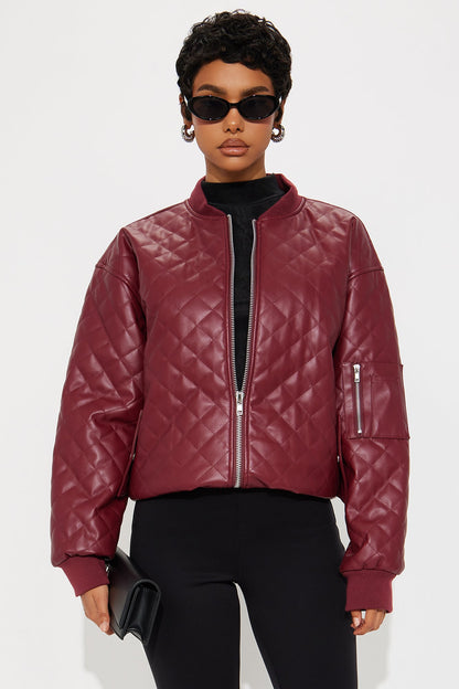 Around The Way Quilted Faux Leather Bomber Jacket - Burgundy