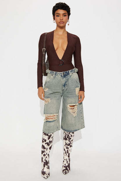 City Skeptic Deep V Neck Long Sleeve Bodysuit - Brown