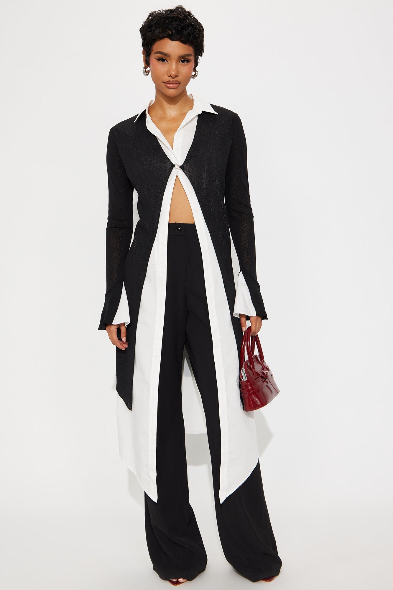 No Judgment Long Sleeve Collared Jumpsuit - Black/White