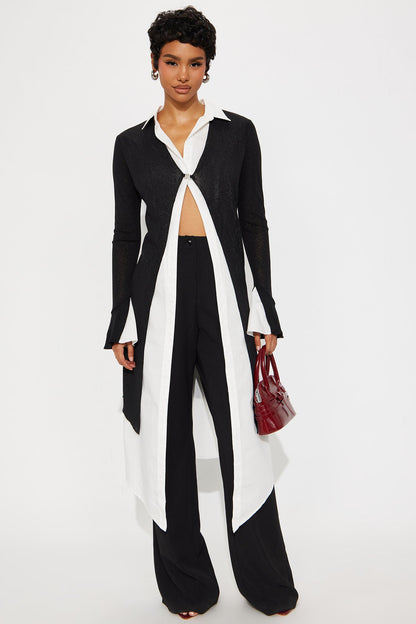 No Judgment Long Sleeve Collared Jumpsuit - Black/White