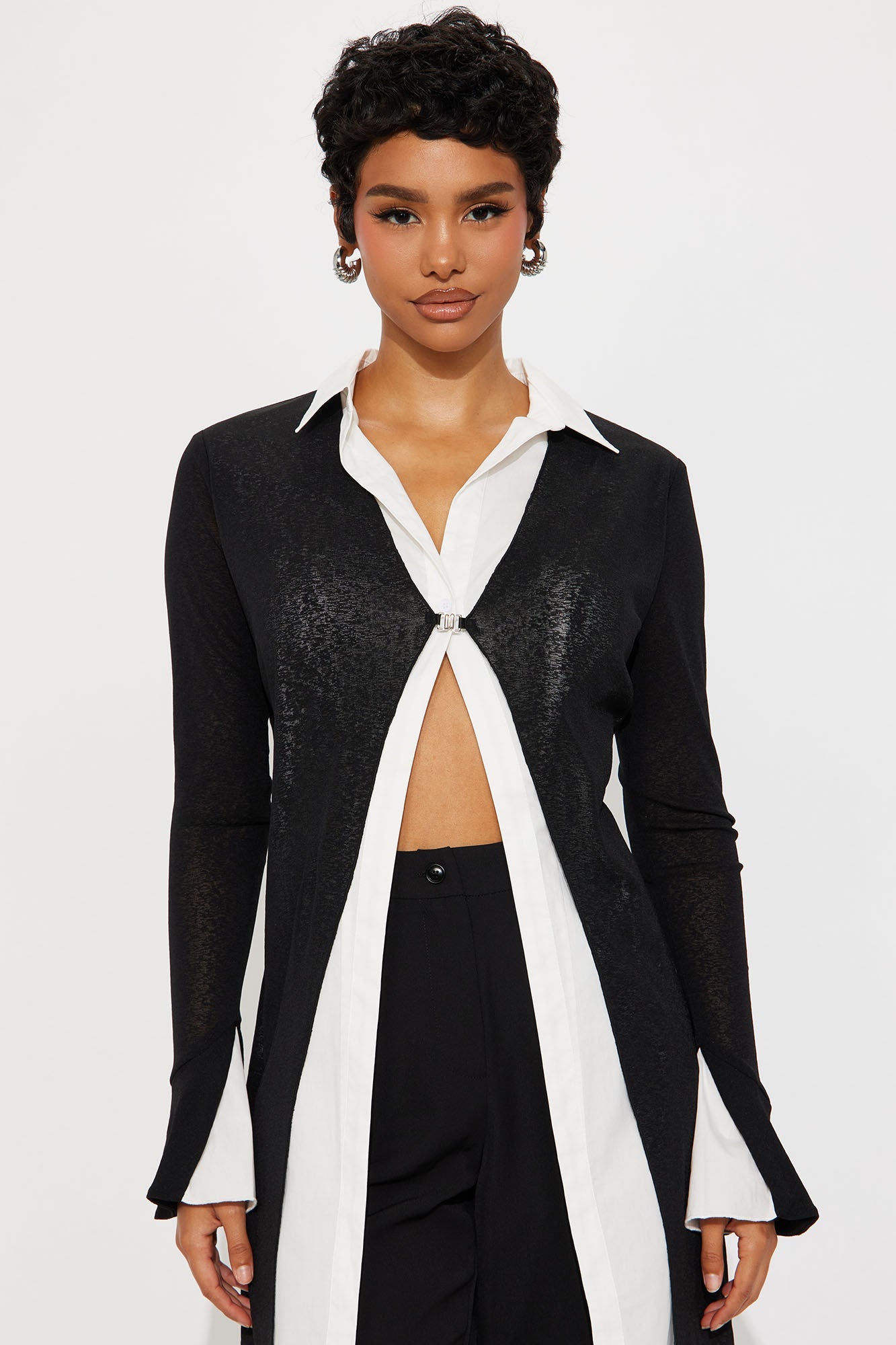 No Judgment Long Sleeve Collared Jumpsuit - Black/White