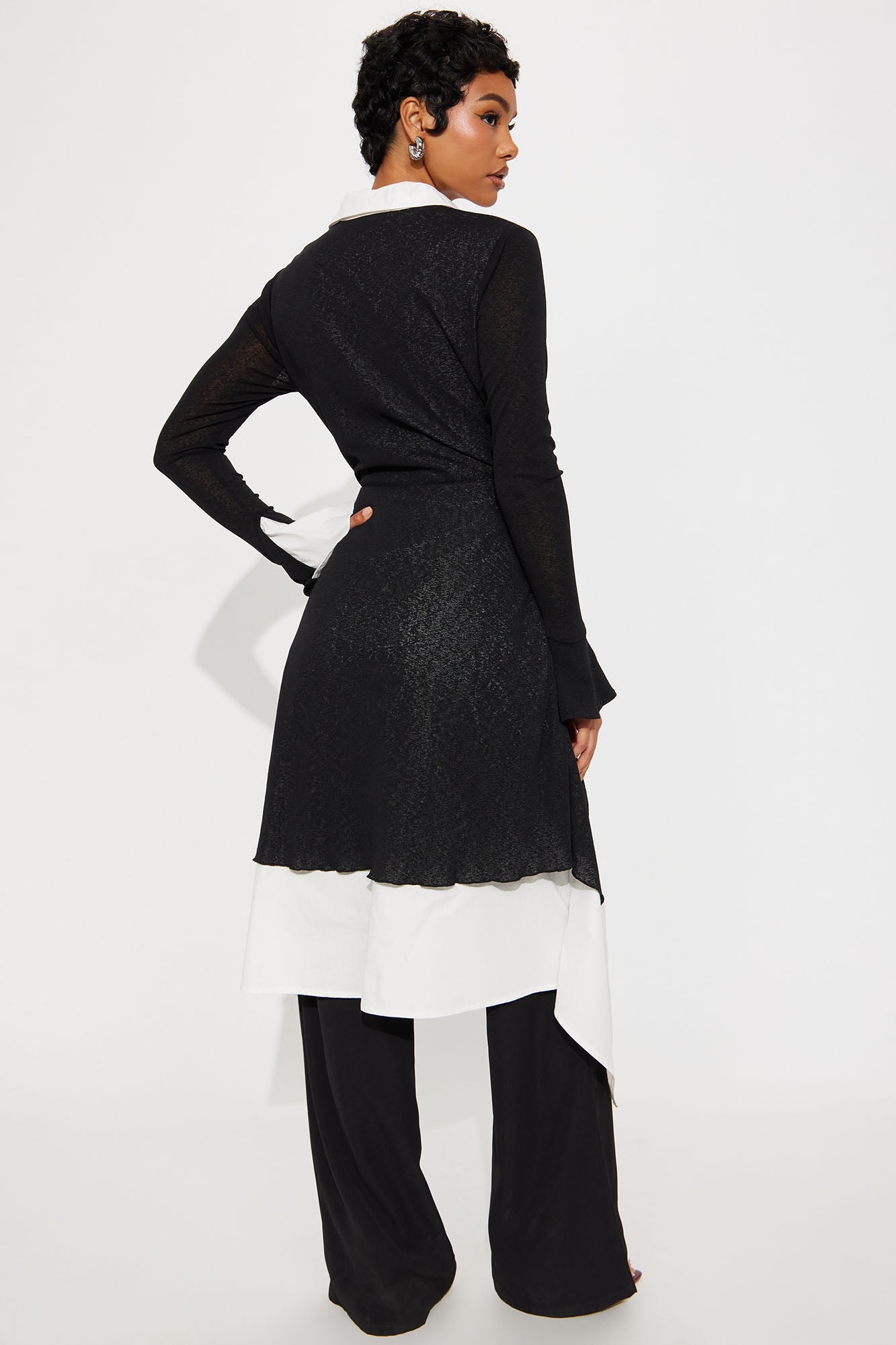 No Judgment Long Sleeve Collared Jumpsuit - Black/White