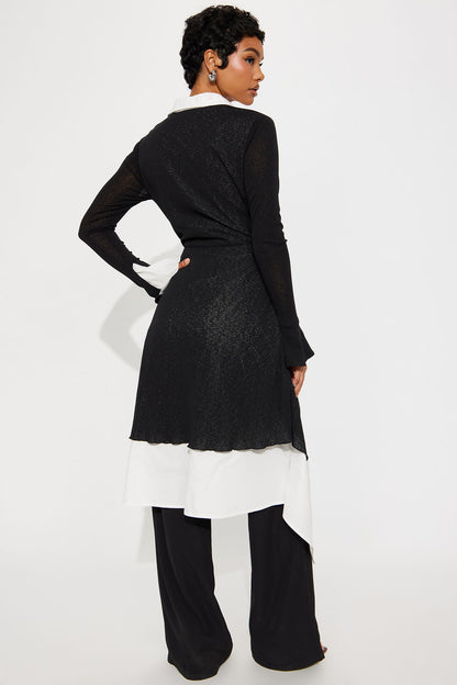 No Judgment Long Sleeve Collared Jumpsuit - Black/White