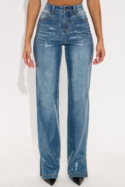 Clear Signs Split Hem Straight Leg Jeans - Medium Wash