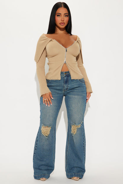 Rylee Off Shoulder Cardigan - Taupe