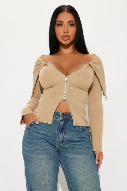 Rylee Off Shoulder Cardigan - Taupe
