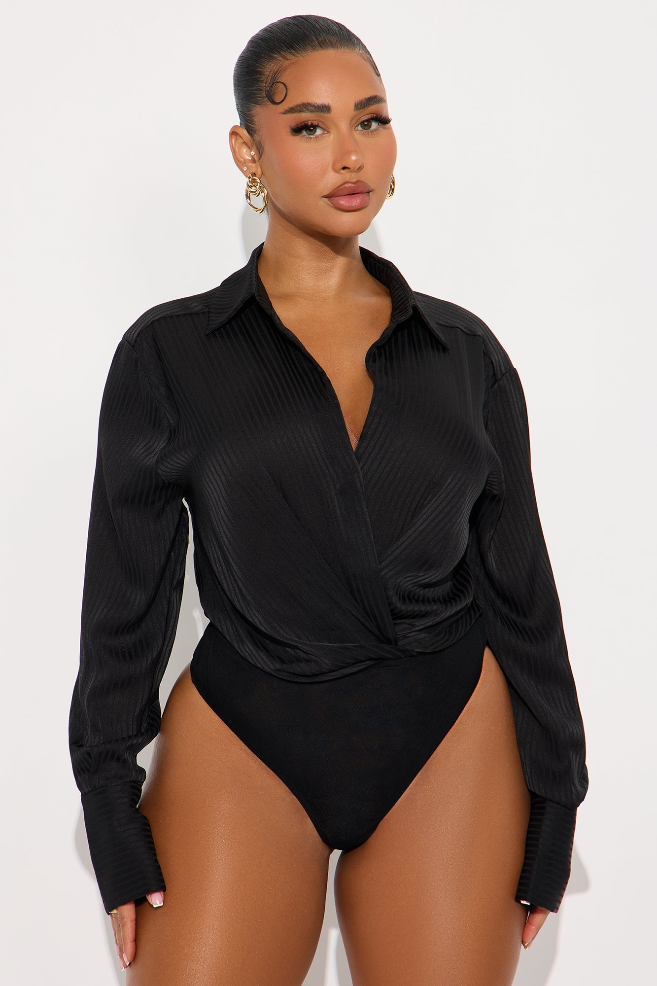 Maya Pinstripes Satin Bodysuit - Black