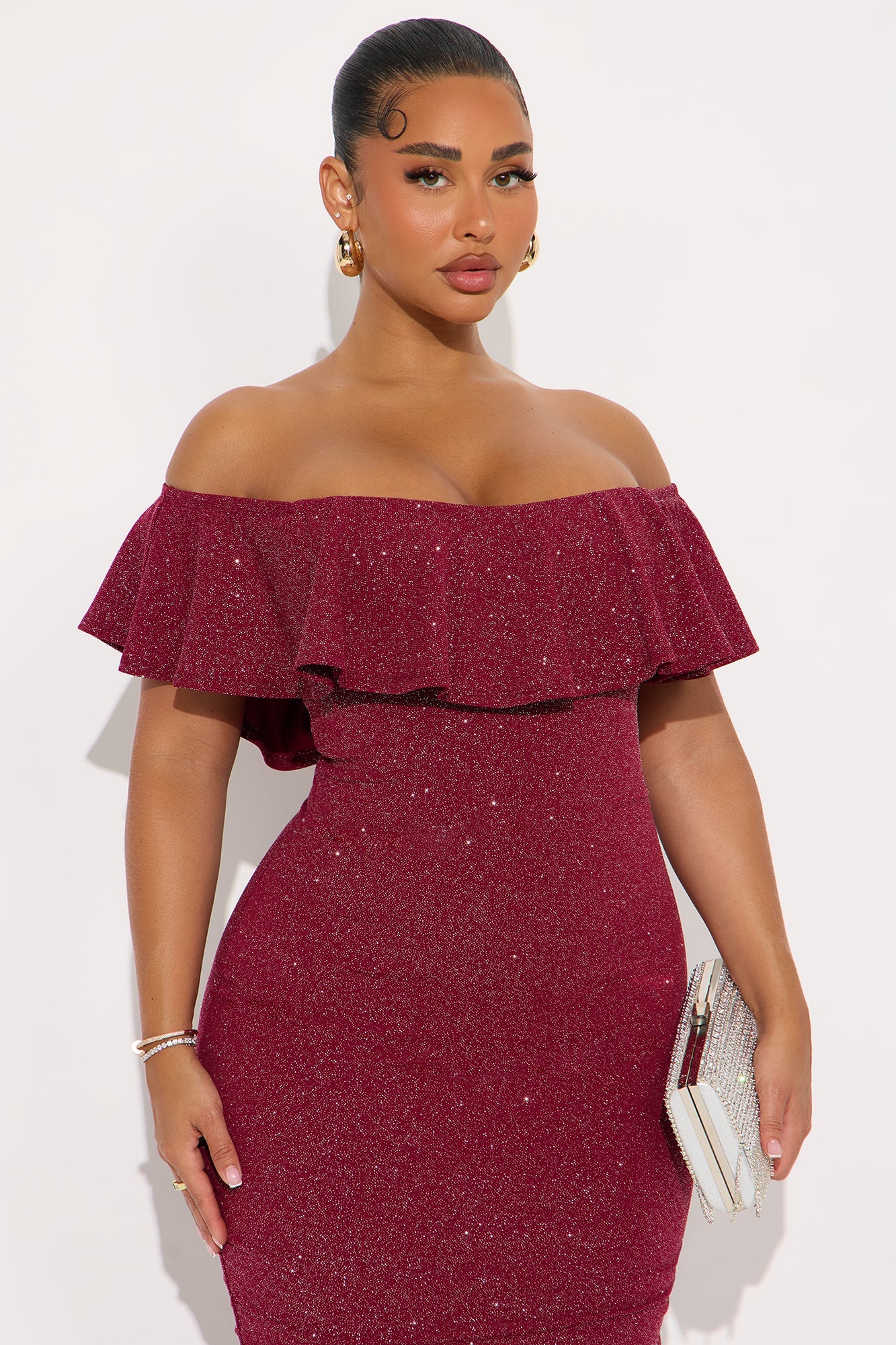 Halle Off Shoulder Midi Dress - Burgundy