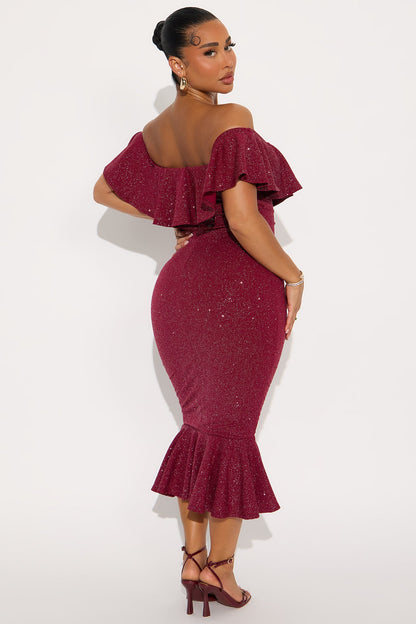 Halle Off Shoulder Midi Dress - Burgundy