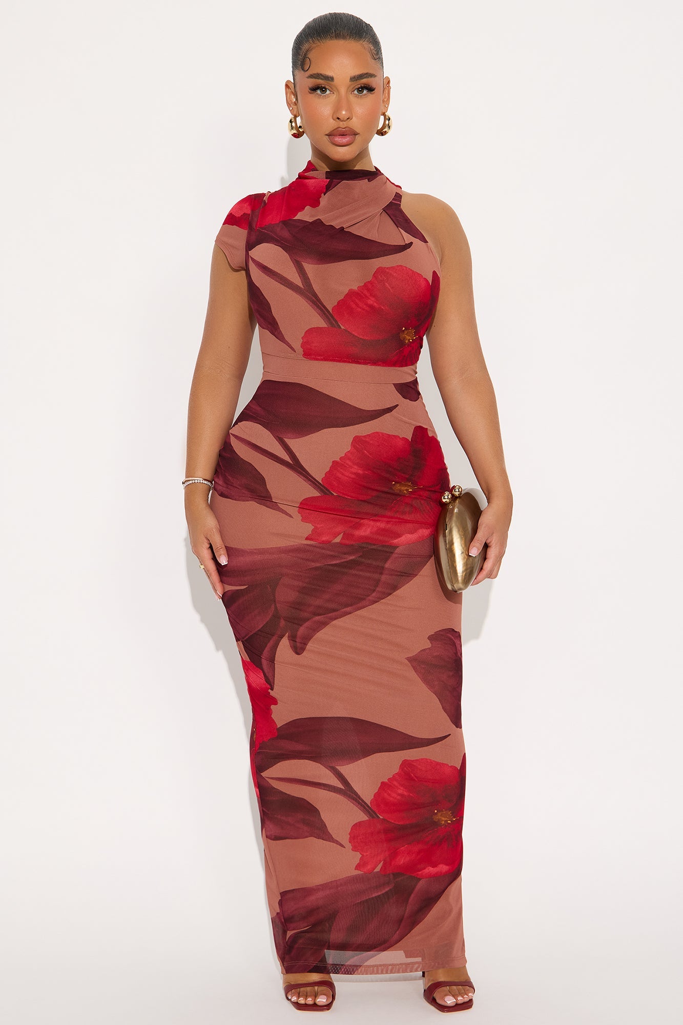 Celene Floral Mesh Short Sleeve Dress - Brown/combo