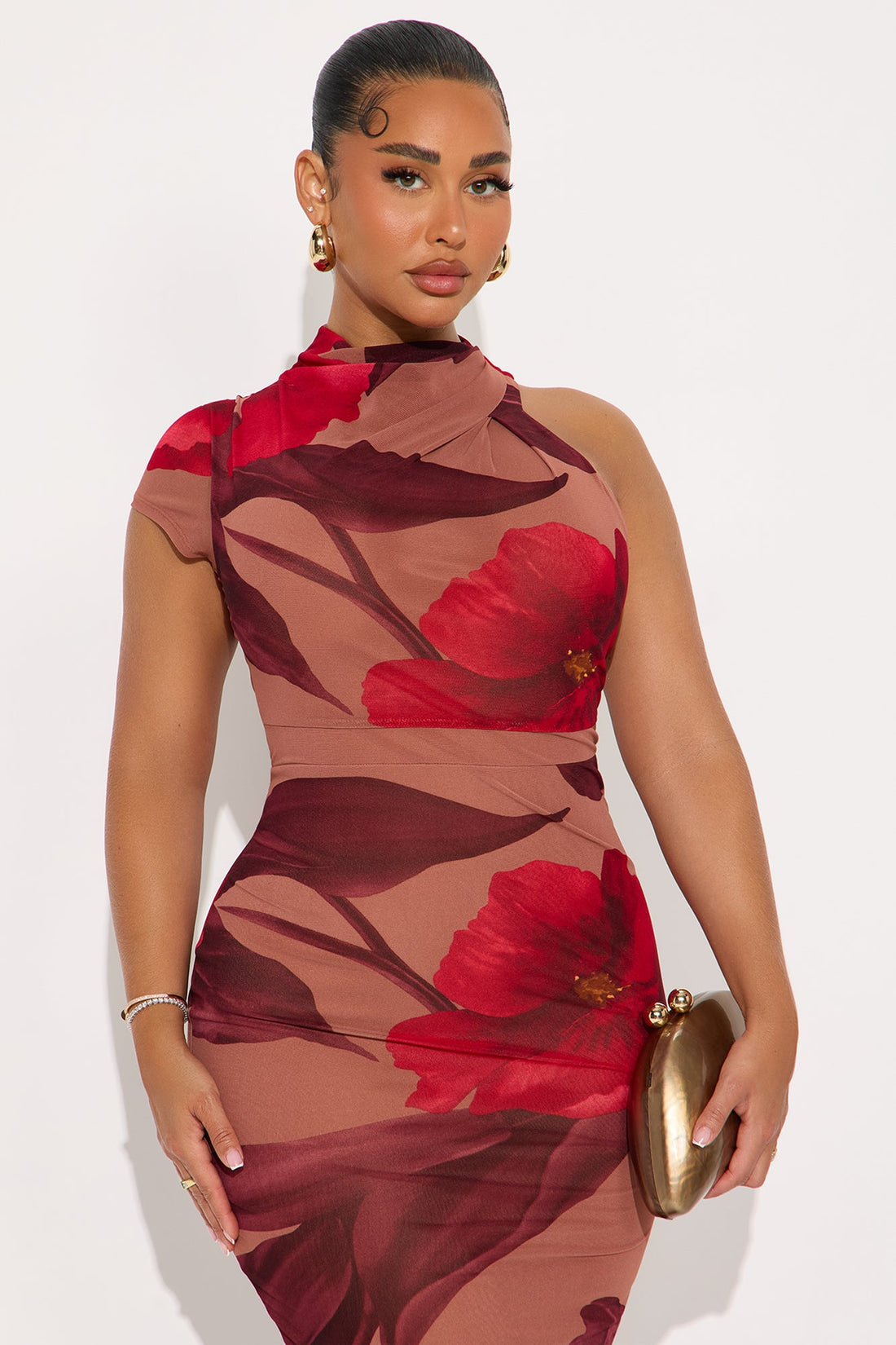 Celene Floral Mesh Short Sleeve Dress - Brown/combo