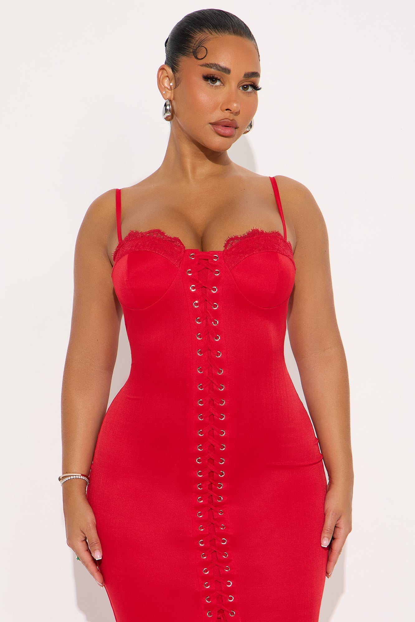 Timeless Beauty Solid Mesh Midi Dress - Red