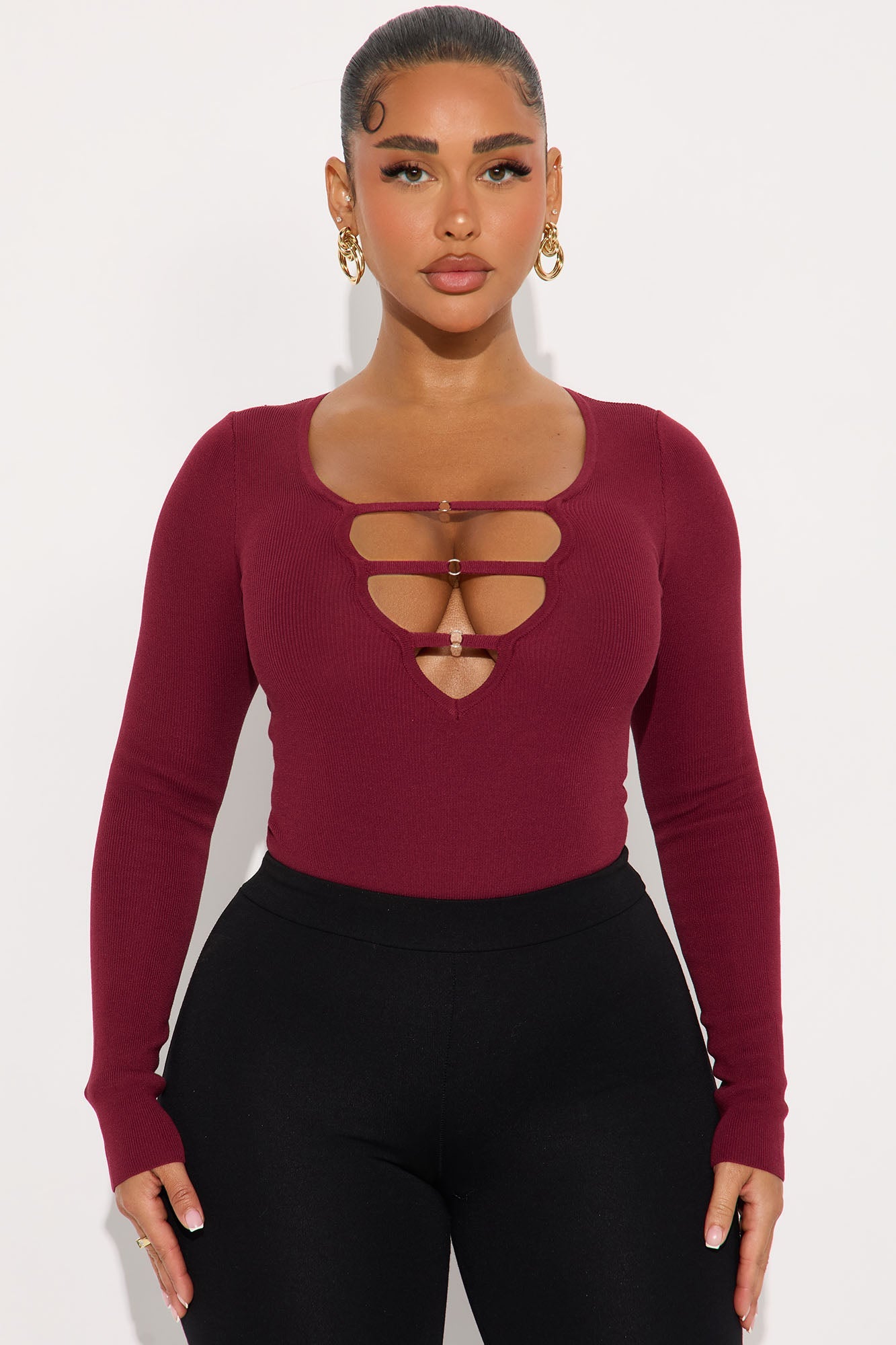 Jessi Cut Out Sweater Bodysuit - Burgundy