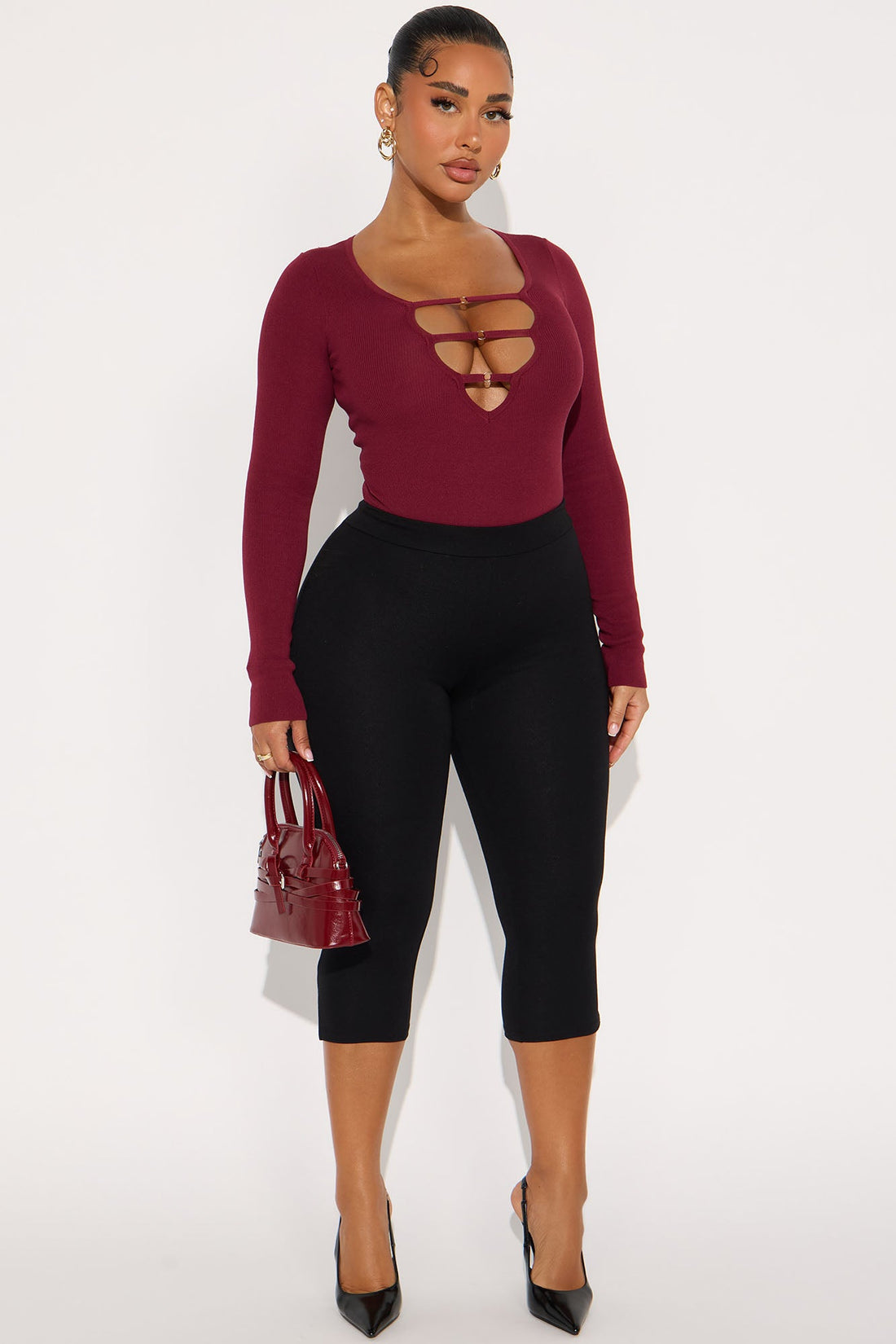 Jessi Cut Out Sweater Bodysuit - Burgundy
