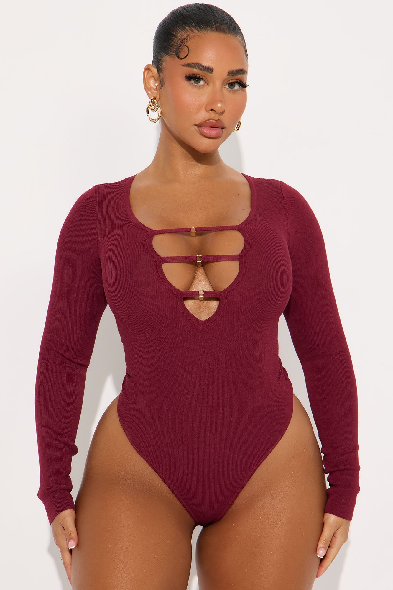 Jessi Cut Out Sweater Bodysuit - Burgundy