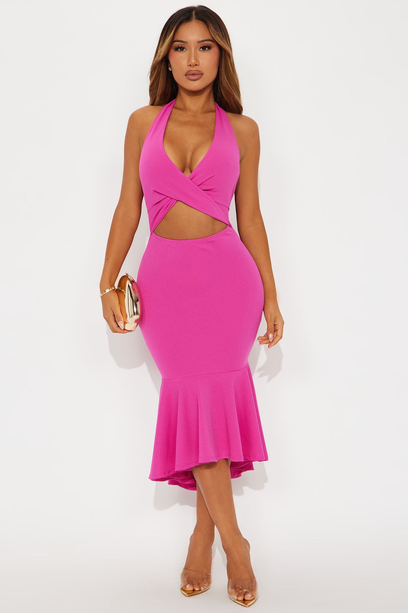 Liana Twist Halter Midi Dress - Fuchsia
