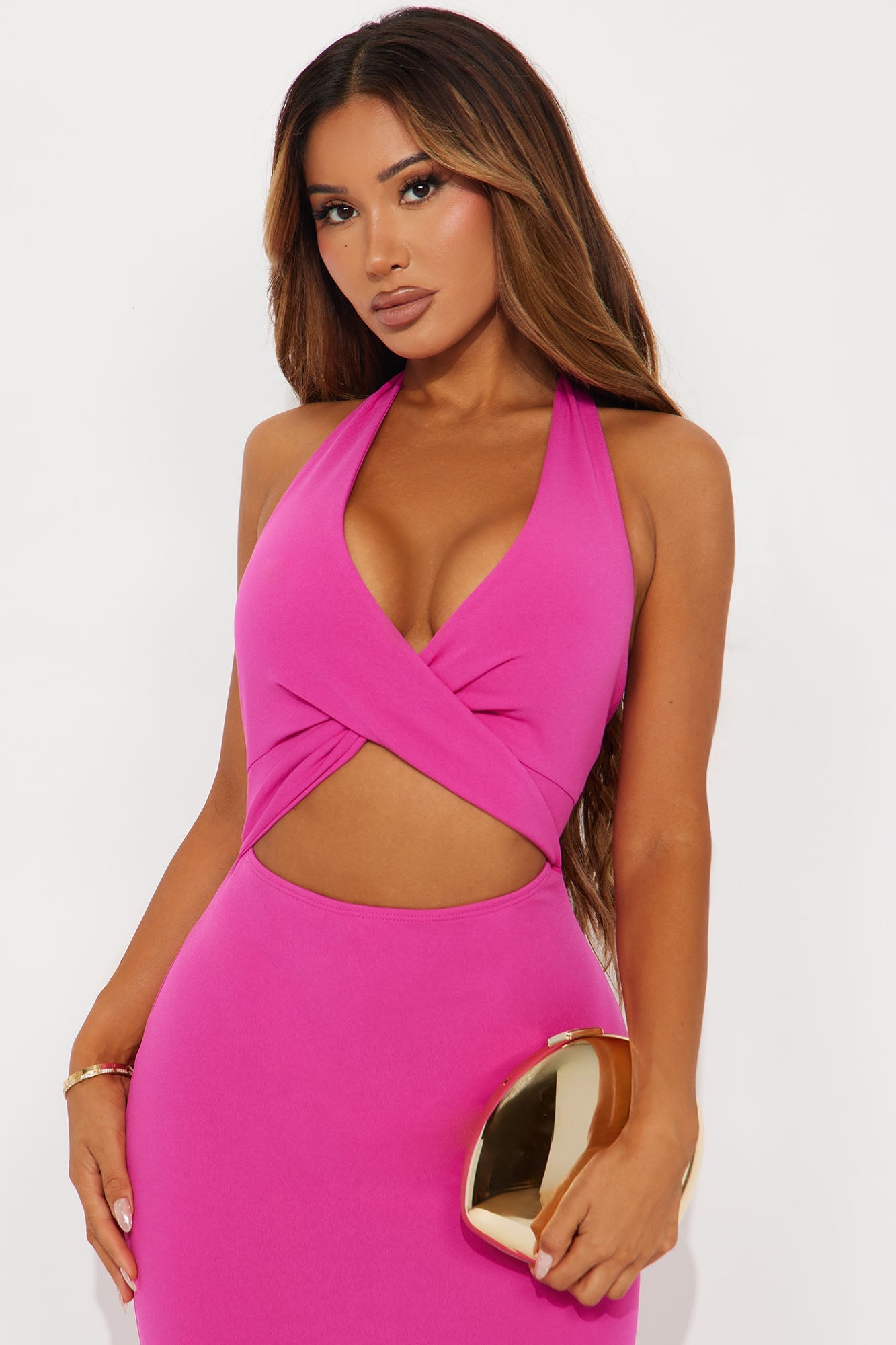 Liana Twist Halter Midi Dress - Fuchsia