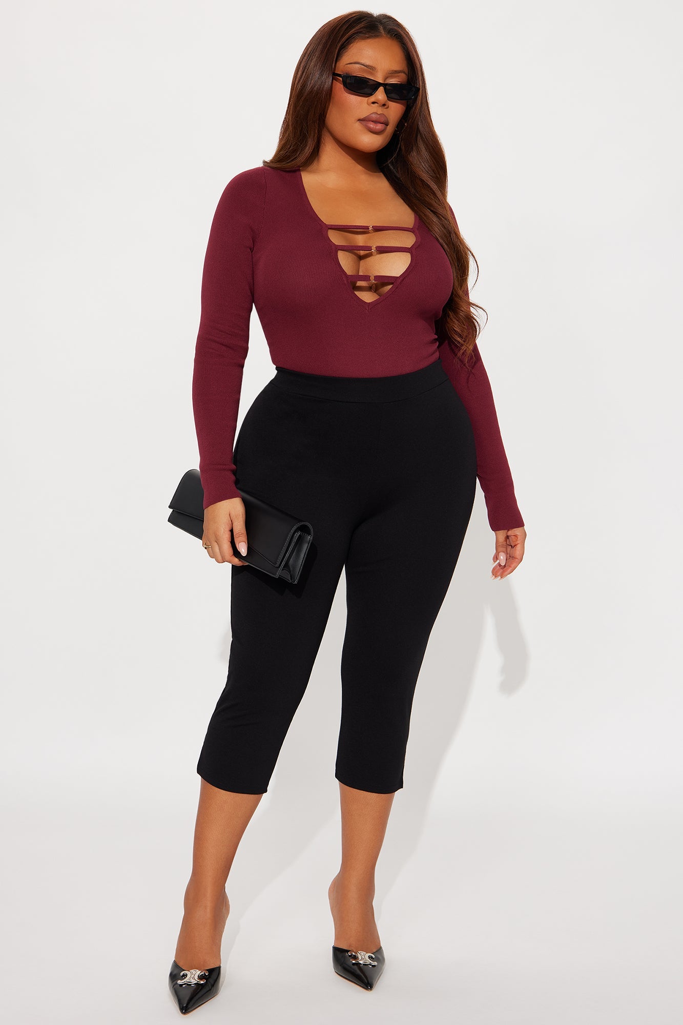 Jessi Cut Out Sweater Bodysuit - Burgundy