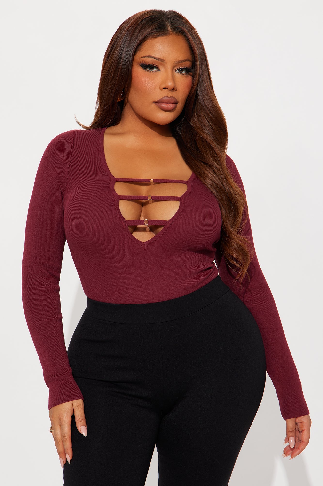 Jessi Cut Out Sweater Bodysuit - Burgundy