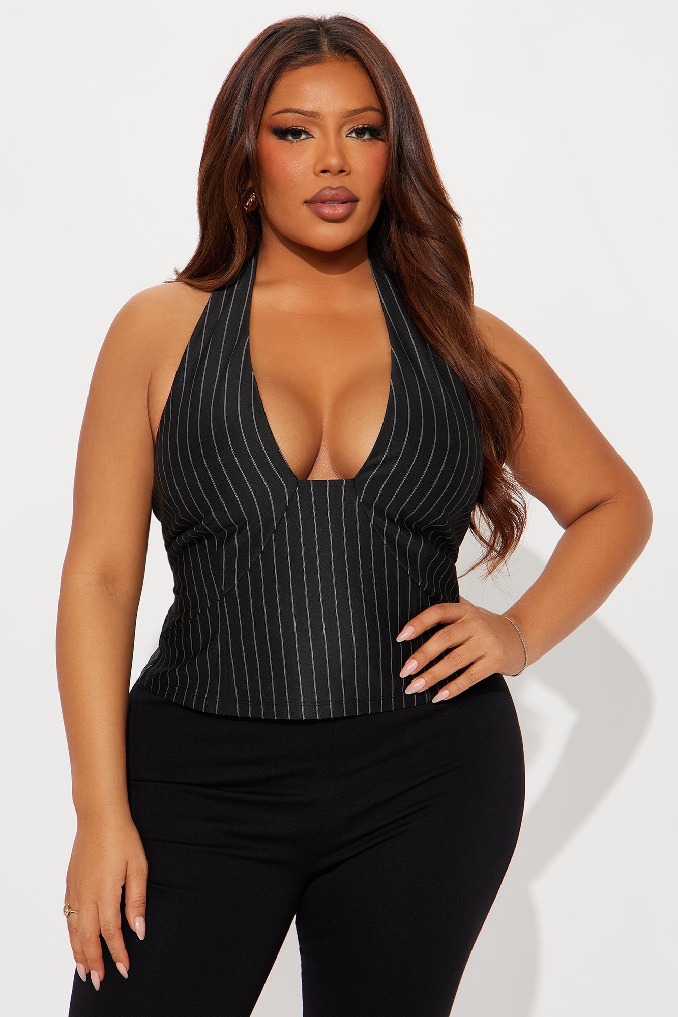 Call Me Selfish Pinstripe Halter Top - Black/combo