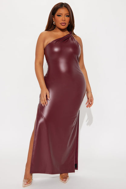 Conna Faux Leather One Shoulder Maxi Dress - Wine