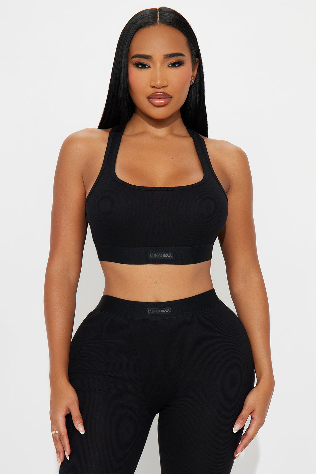 FN Mood Racerback Bra And Legging 2 Piece Ribbed Cotton Set - Black