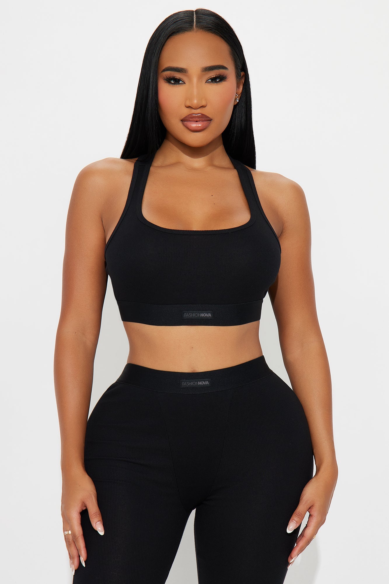 FN Mood Racerback Bra And Legging 2 Piece Ribbed Cotton Set - Black
