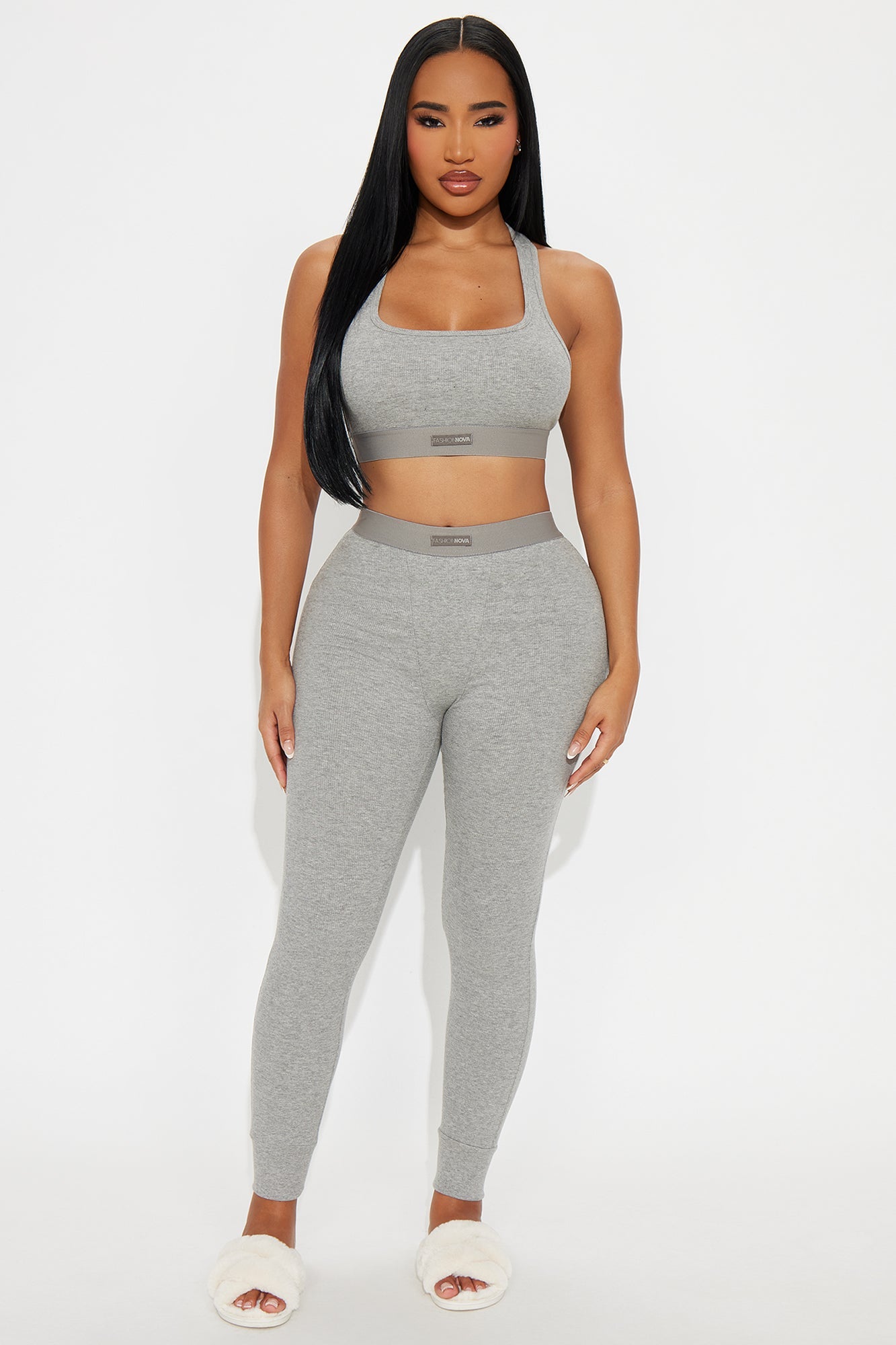 FN Mood Racerback Bra And Legging 2 Piece Ribbed Cotton Set - Heather Grey