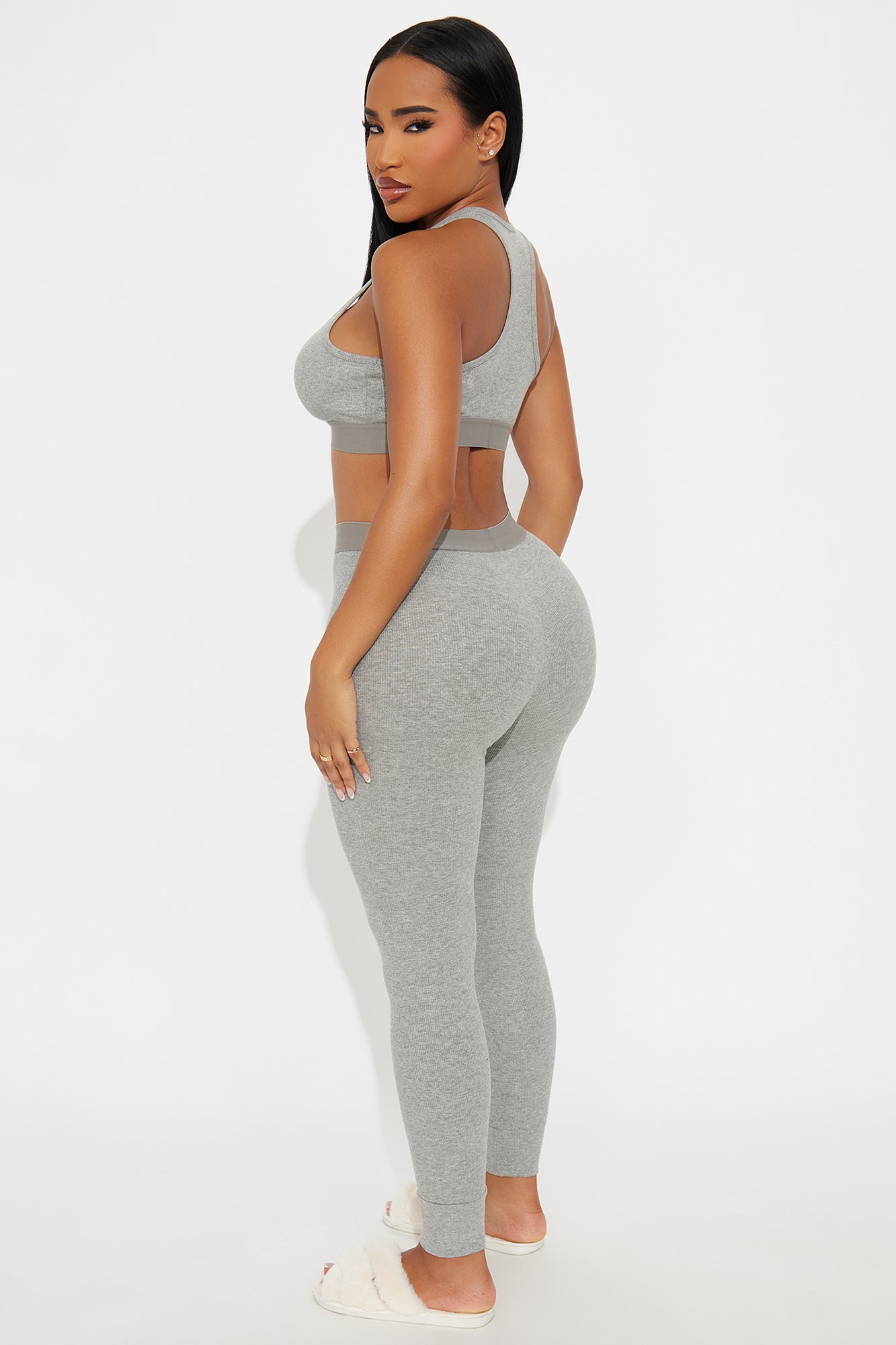 FN Mood Racerback Bra And Legging 2 Piece Ribbed Cotton Set - Heather Grey