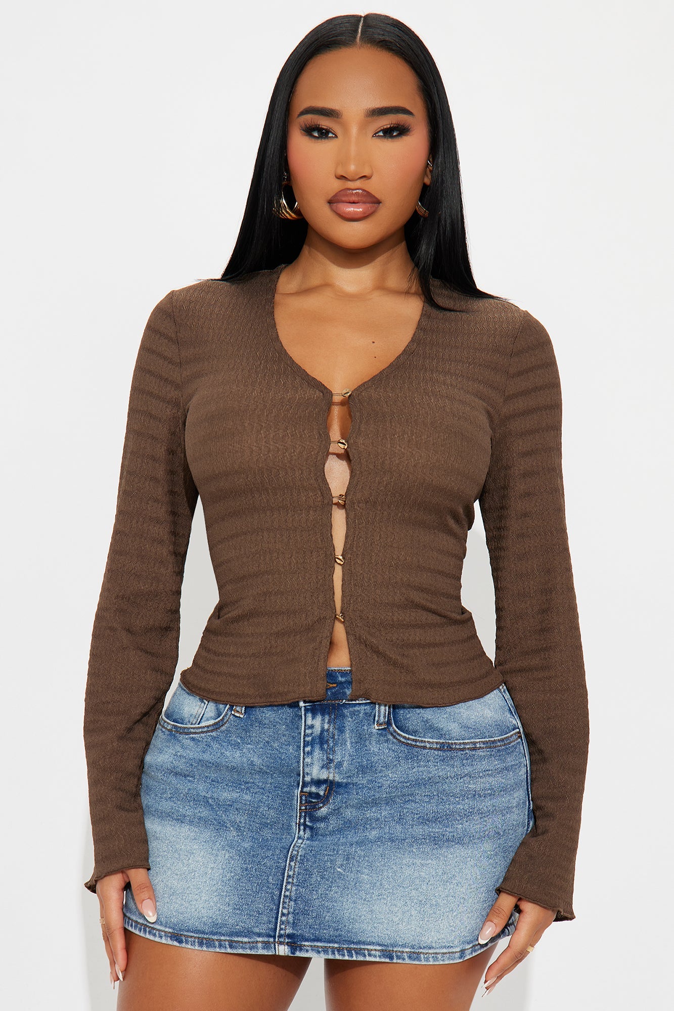 Aubree Button Up Long Sleeve Top - Chocolate