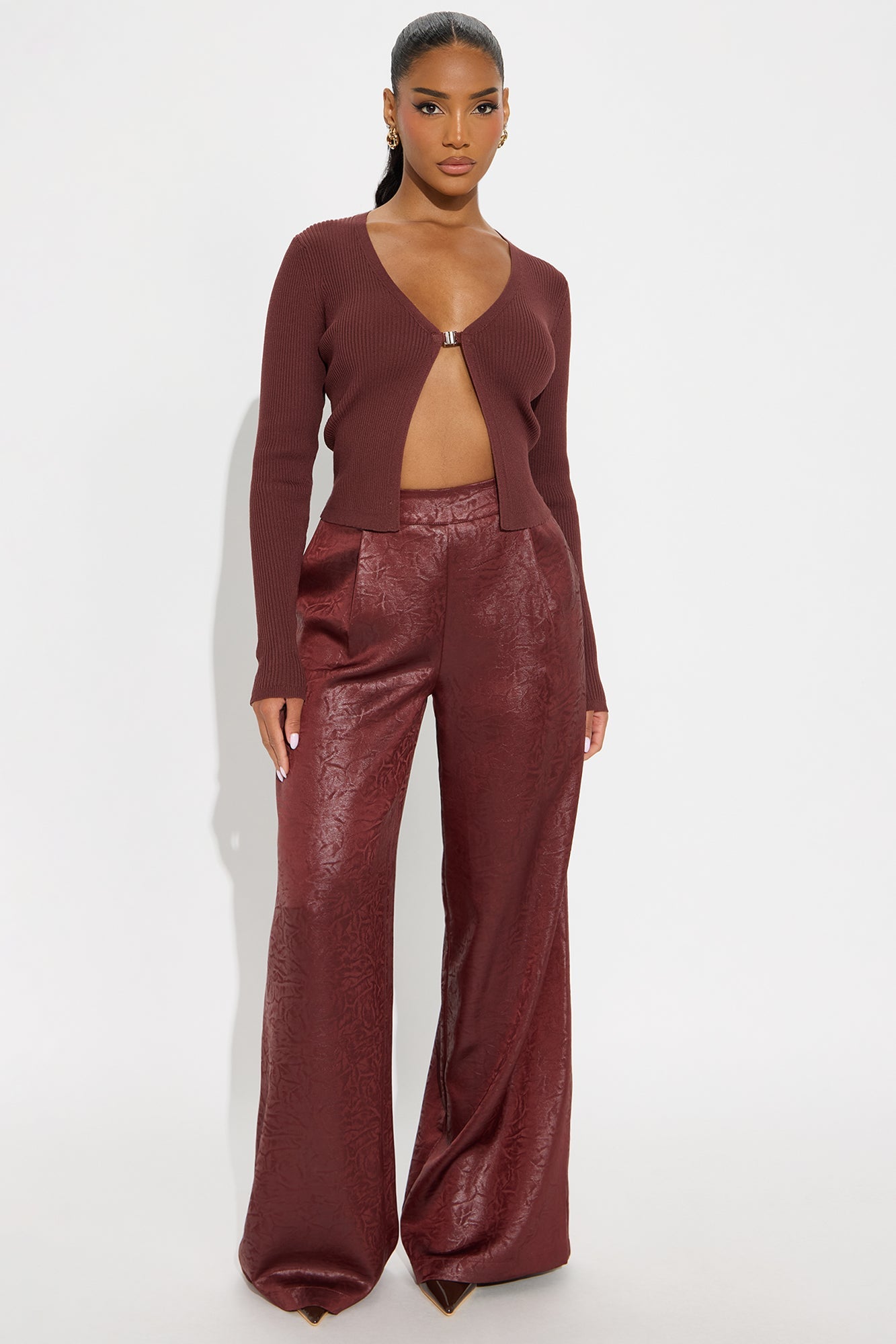 Sydney Textured Satin Wide Leg Pant 33 - Wine