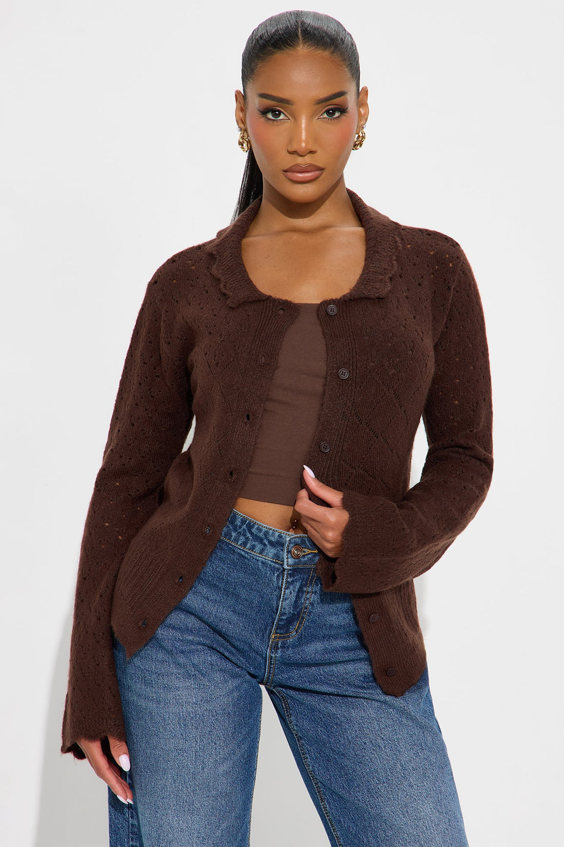 Not Interested Pointelle Cardigan - Chocolate