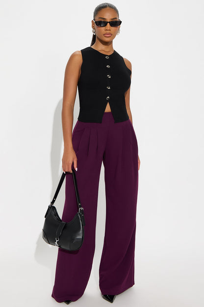Brigitte Crepe Knit Wide Leg Pleated Pant 33″ - Plum