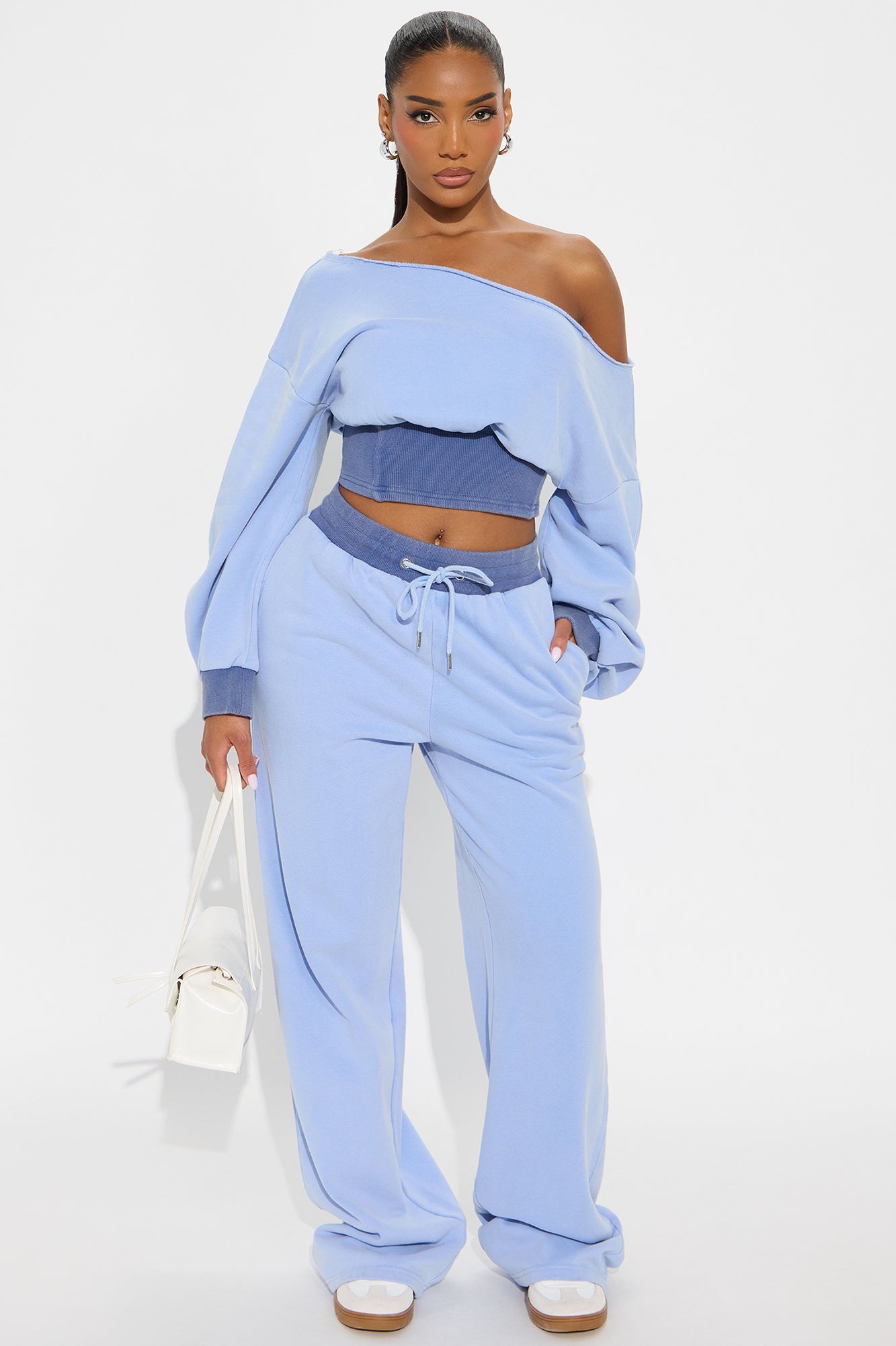 Come Find Me Washed Fleece Mix Pant Set - Periwinkle