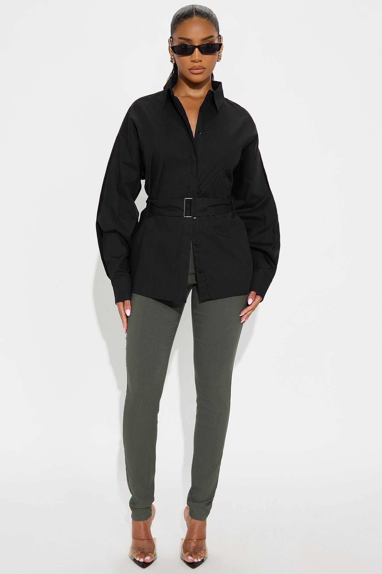 Work Days Belted Poplin Shirt - Black