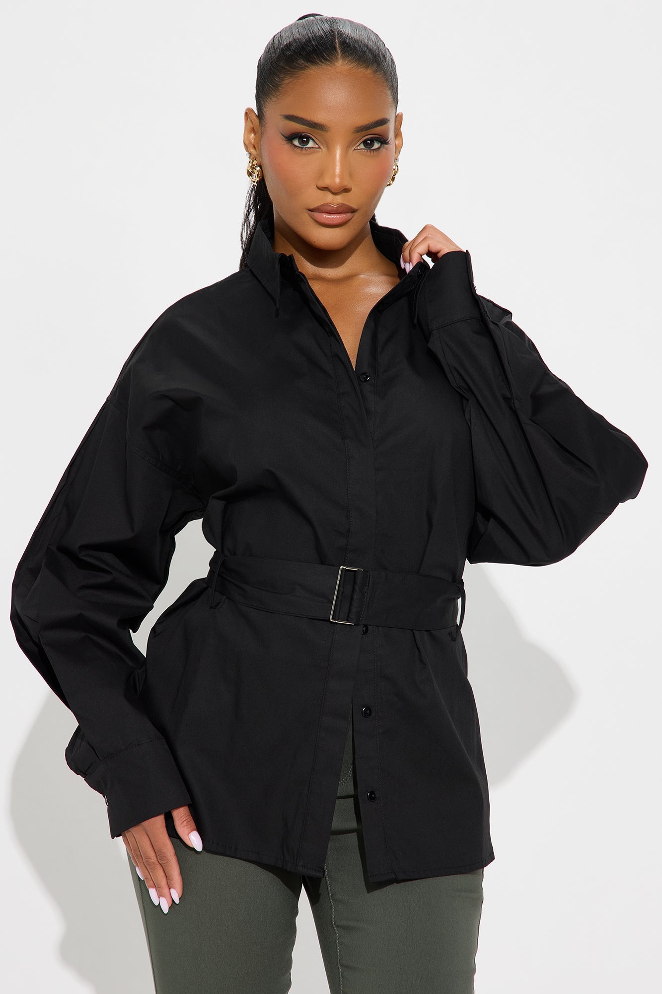 Work Days Belted Poplin Shirt - Black