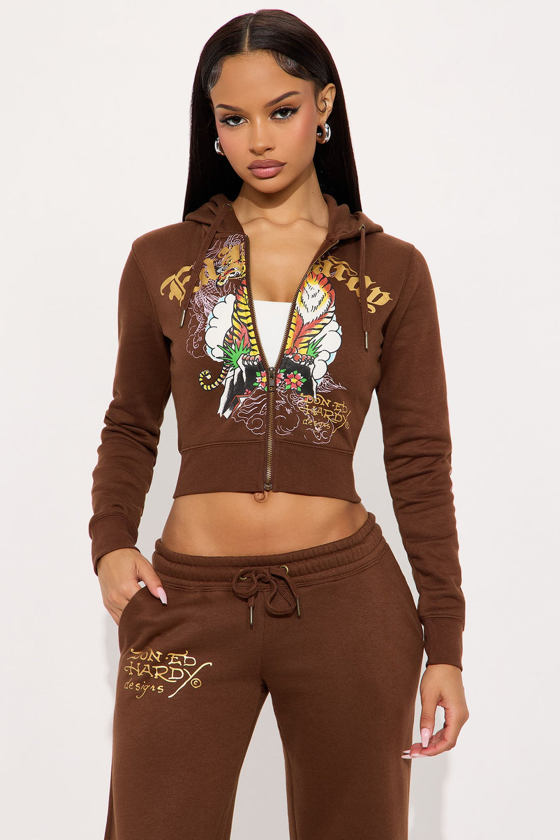 Ed Hardy Tiger Peak Zip Up Hoodie - Brown