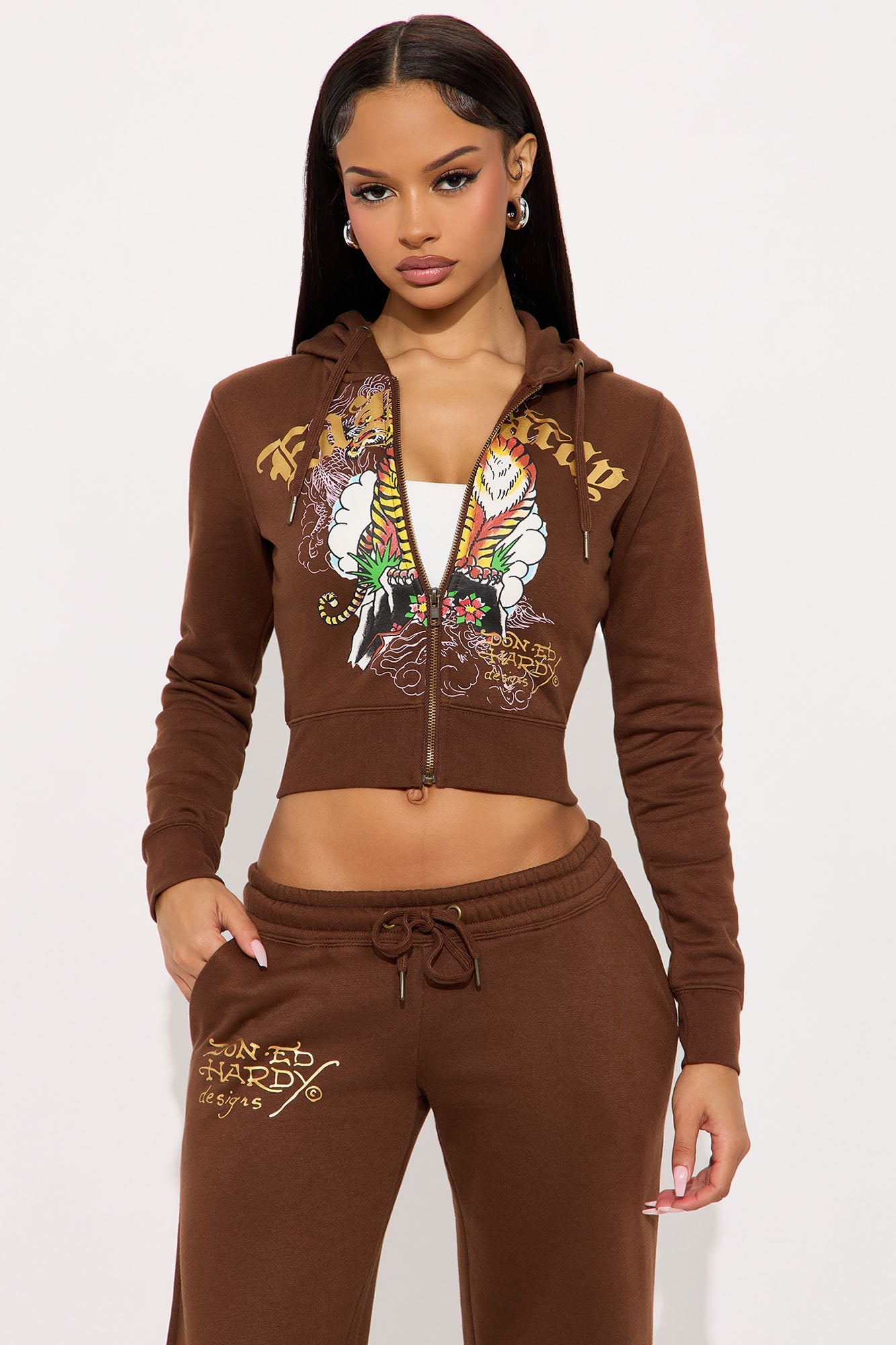 Ed Hardy Tiger Peak Zip Up Hoodie - Brown