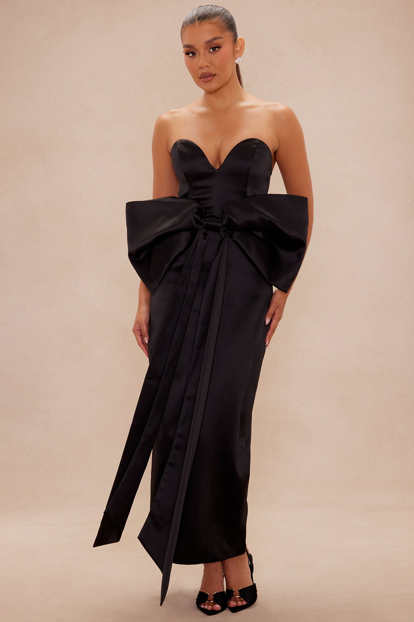 Margot Bow Satin Gown - Black