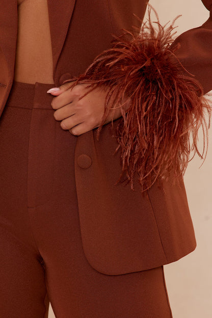 Clarissa Feather Blazer Suit Set - Chocolate