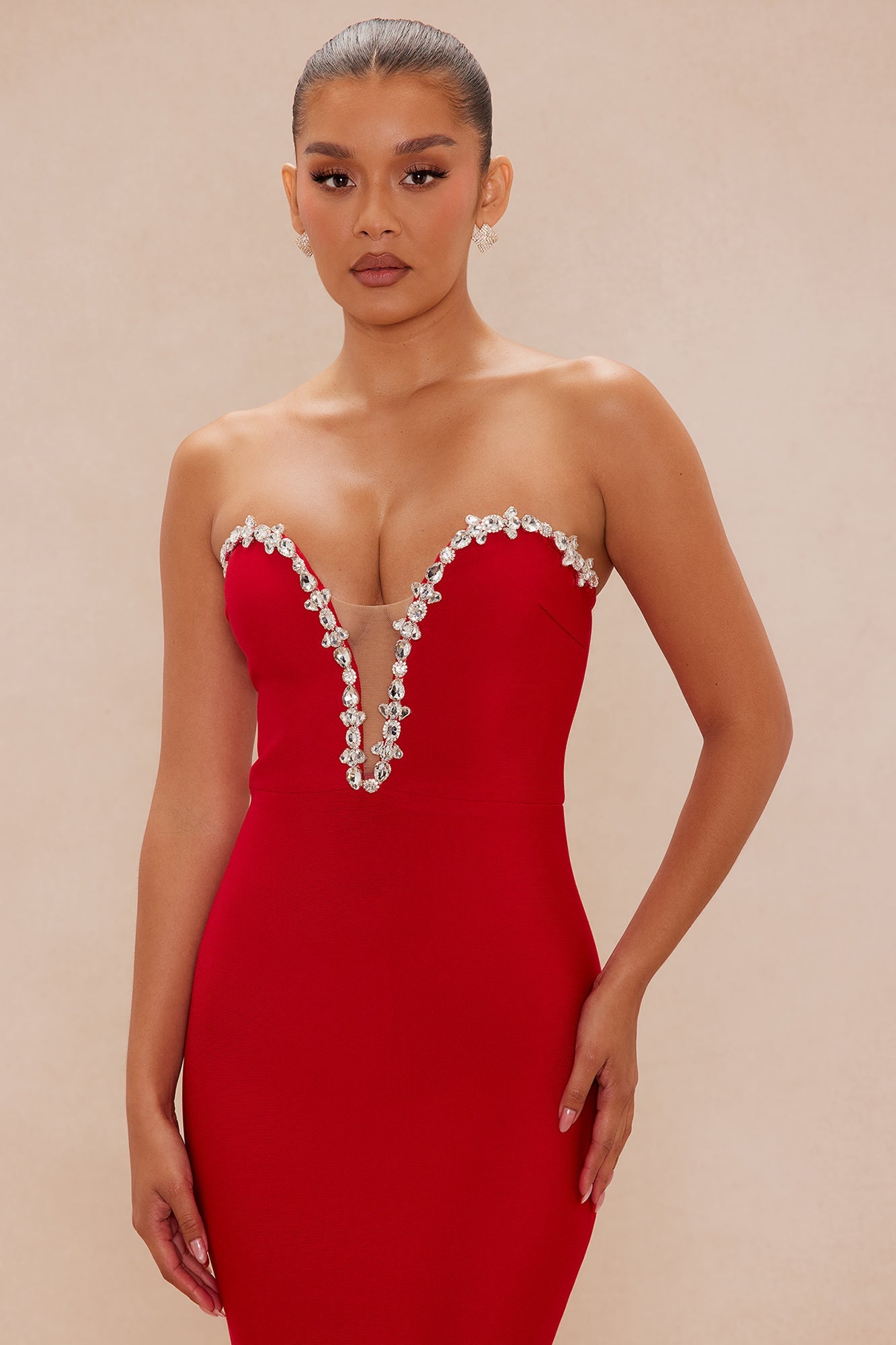Odessa Embellished Bandage Gown - Red