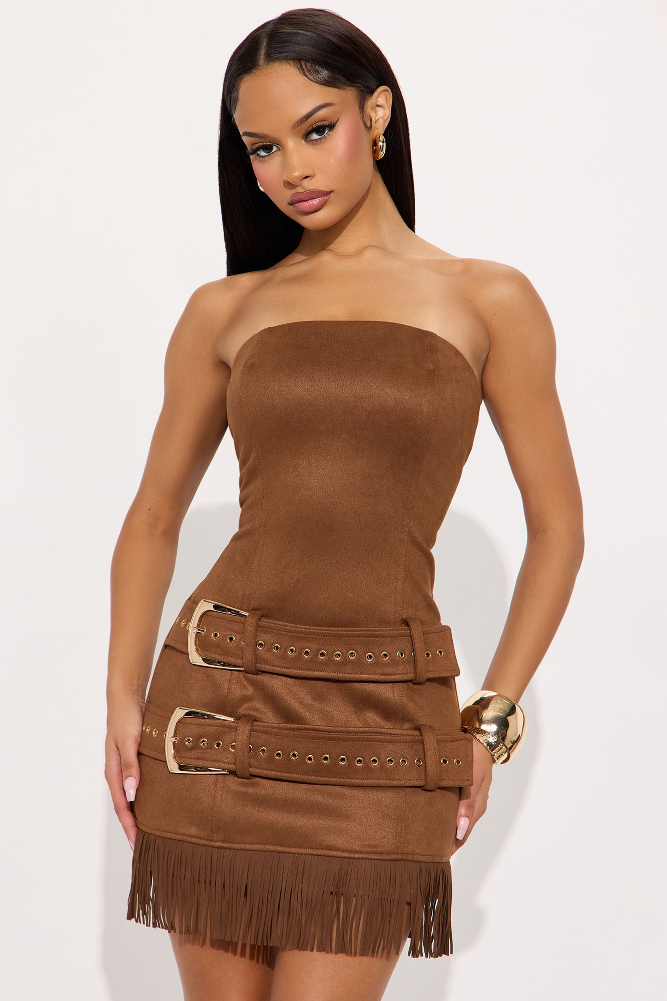 Buckle Down Faux Suede Belted Mini Dress - Brown